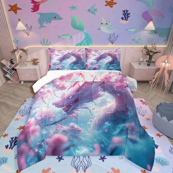 Manfei Animal Dragon 2pcs Bedding Comforter Set,Cherry Blossom Twin Comforter Sets,Pink Blue Breathable Bedding Set,Microfiber Teenager Bedroom Decor