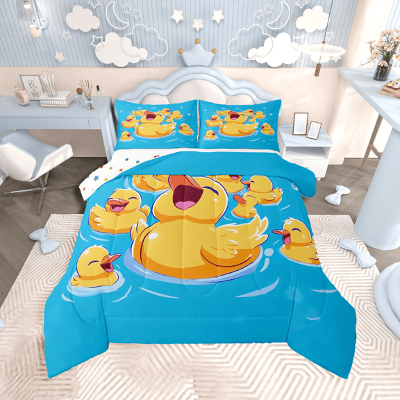 Manfei Animal Duck 3 Pieces Queen Comforter Set,Yellow Blue Ultra Soft Bedding Sets,Cartoon Wildlife Bedding Comforter Set,Breathable Cute Room Decor,Reversible