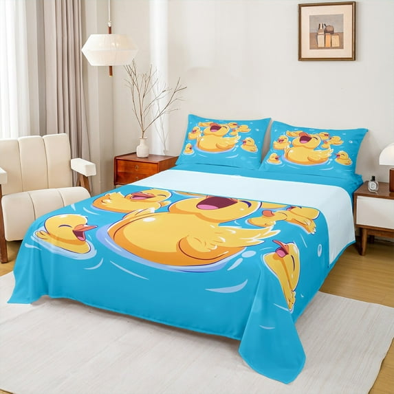 Manfei Animal Duck 3pcs Twin Sheet Sets,Yellow Blue Twin Fitted Sheet,Cartoon Wildlife Breathable Flat Sheet,Breathable Cute Room Decor