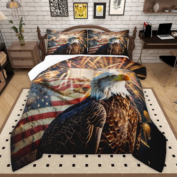Manfei Animal Eagle 3 Pieces Queen Comforter Set for Teens Female Men,USA Flag Ultra Soft Bedding Sets,Independence Day Firework Bedding Comforter Set,Breathable Home Decor