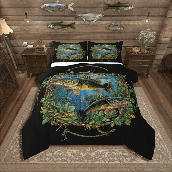 Manfei Animal Fish 3-Piece Full Size Comforter Sets,Tree Leaves Bedding Comforter Set,Fishing Hunting Bedding Sets,Super Cozy Botanical Room Decor,Reversible