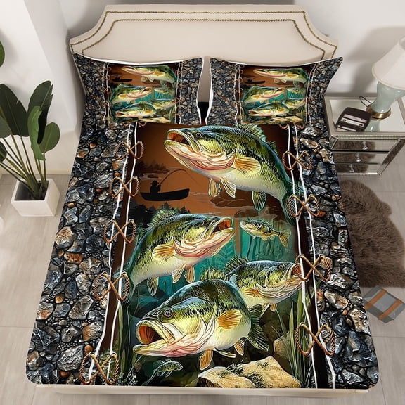 Manfei Animal Fish 4 Pieces Queen Sheet Sets,Vintage Retro Ultra Soft Flat Sheet,Fishing Hunting Queen Fitted Sheet,Botanical Room Decor