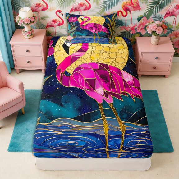 Manfei Animal Flamingo Twin Fitted Sheet 2 Pieces,Stars Flowers Moon Bedding,1 Fitted Sheet and 1 Pillowcase