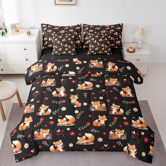 Manfei Animal Fox 7-Piece Twin Bedding Sets,Red Flower Bedding Comforter Set,Floral Wildlife Breathable Sheet Sets,Ultra Soft Kawaii Room Decorative,Reversible