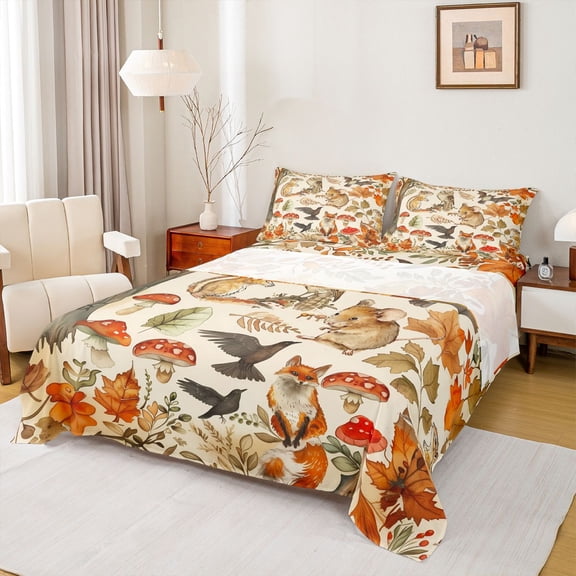 Manfei Animal Fox Owl 4pcs Bed Sheets for Teens,Botanical Mushroom King Sheets,Happy Fall Autumn Super Cozy Sheet Set,Microfiber Bedroom Decor