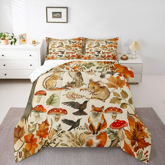 Manfei Animal Fox Owl Full Size Comforter Sets 3-Piece for Teens,Botanical Mushroom Bedding Comforter Set,Happy Fall Autumn Lightweight Bedding Sets,Microfiber Bedroom Decor,Reversible