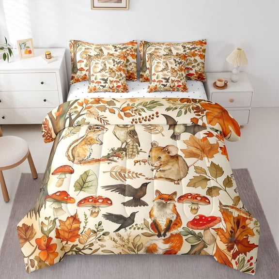 Manfei Animal Fox Owl Twin Bedding Sets 7-Piece for Teens,Botanical Mushroom Bedding Comforter Set Microfiber,Happy Fall Autumn Breathable Sheet Sets,Microfiber Bedroom Decor,Reversible