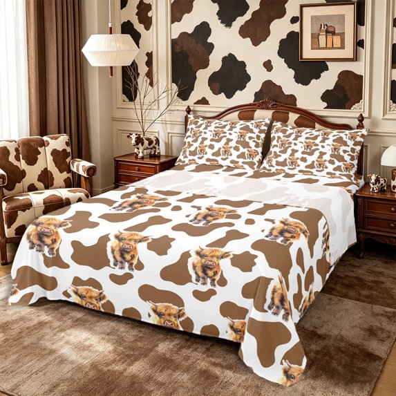 Manfei Animal Highland Bull Queen Sheets 4 Pieces,Rustic Cow Print Queen Sheet Sets,White Brown,1 Flat Sheet,1 Fitted Sheet and 2 Pillowcases