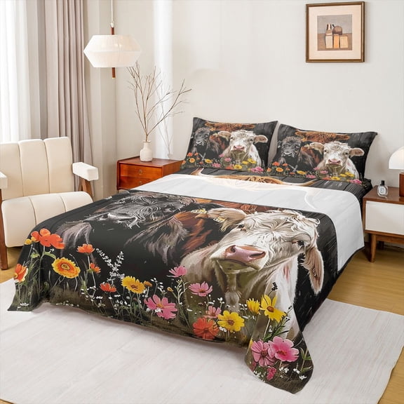 Manfei Animal Highland Cattle 4 Pieces Queen Sheet Sets for Female Men Women,Rustic Farmhouse Ultra Soft Flat Sheet,Chic Floral Flowers Queen Fitted Sheet,Super Cozy Room Decor