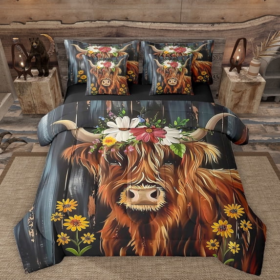 Manfei Animal Highland Cattle Twin Bedding Sets 7-Piece for Female Men Women,Rustic Farmhouse Bedding Comforter Set Microfiber,Chic Floral Flowers Breathable Sheet Sets,Super Cozy Room Decor