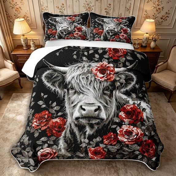 Manfei Animal Highland Cattle Twin Quilt Set 2 Pieces,Watercolor Flowers Twin Coverlet Set,Red Gray,1 Bedspread and 1 Pillowcase