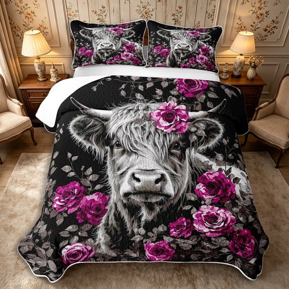 Manfei Animal Highland Cow Bed Spread Queen 3pcs,Vintage Watercolor Flowers Queen Coverlet Set,Pink Gray,1 Quilt and 2 Pillowcases