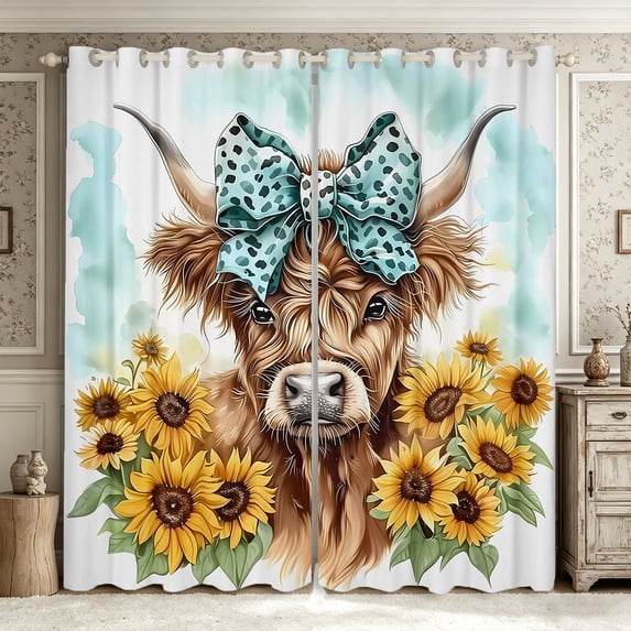 Manfei Animal Highland Cow Blackout Curtains,Farmhouse Flowers Cattle Curtains Pack of 2 (42x84 Each),Brown Yellow Teal