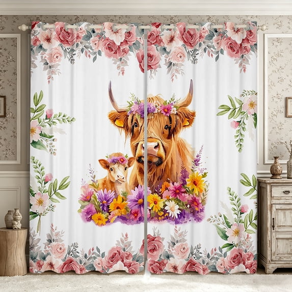 Manfei Animal Highland Cow Blackout Curtains Set of 2 (38x54 Each),Watercolor Flowers Living Room Curtains,Yellow Purple Pink