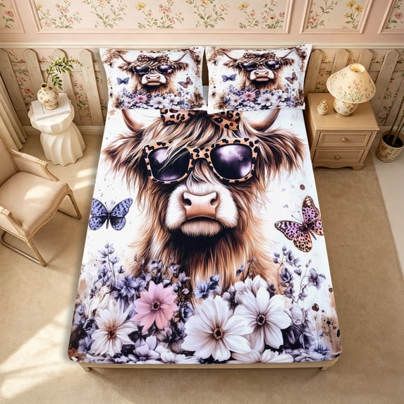 Manfei Animal Highland Cow Fitted Sheet Full 3 Pieces,Floral Butterflies Bed Set,Brown White,1 Fitted Sheet and 2 Pillowcases