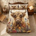 thumbnail image 1 of Manfei Animal Highland Cow Fitted Sheet Full 3 Pieces,Watercolor Flowers Bed Set,Beige Brown,1 Fitted Sheet and 2 Pillowcases, 1 of 6