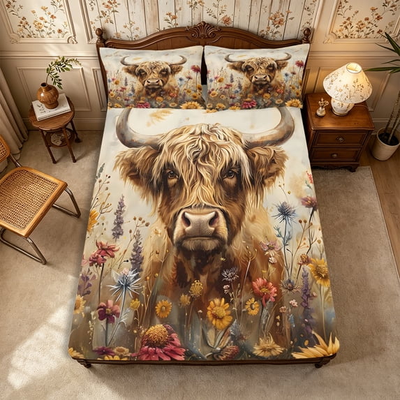 Manfei Animal Highland Cow Fitted Sheet Full 3 Pieces,Watercolor Flowers Bed Set,Beige Brown,1 Fitted Sheet and 2 Pillowcases