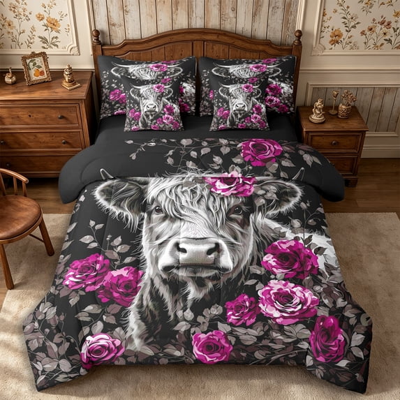 Manfei Animal Highland Cow King Bedding 7pcs,Vintage Watercolor Flowers King Bed in a Bag,Pink Gray