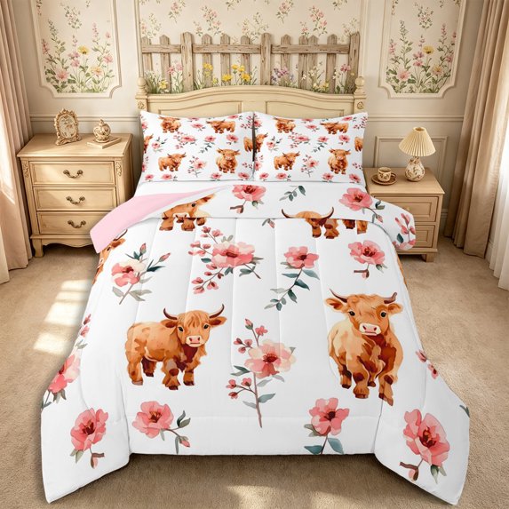 Manfei Animal Highland Cow King Size Comforter Sets 3pcs,Kawaii Flowers Comforters King Size,Cartoon,1 Comforter and 2 Pillowcases,Reversible