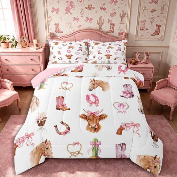 Manfei Animal Highland Cow Queen Comforter Set 3 Pieces,Western Cowgirl Comforter Sets Queen,Khaki Pink White,1 Comforter and 2 Pillowcases,Reversible