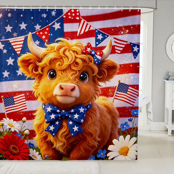 Manfei Animal Highland Cow Shower Curtain 72Wx84L,Independence Day Bathroom Shower Curtain,Orange Red Blue