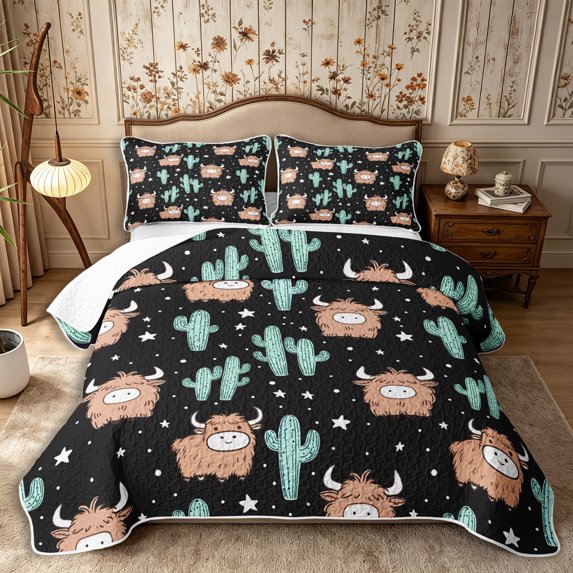 Manfei Animal Highland Cow Twin Quilt Set 2 Pieces,Cute Cactus Stars Twin Coverlet Set,Black Light Blue,1 Bedspread and 1 Pillowcase