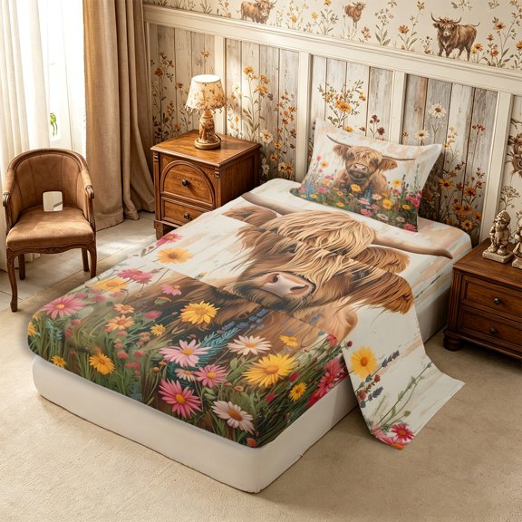 Manfei Animal Highland Cow Twin Sheets 3pcs,Watercolor Flowers Bedding,Beige Golden,1 Flat Sheet,1 Fitted Sheet and 1 Pillowcase