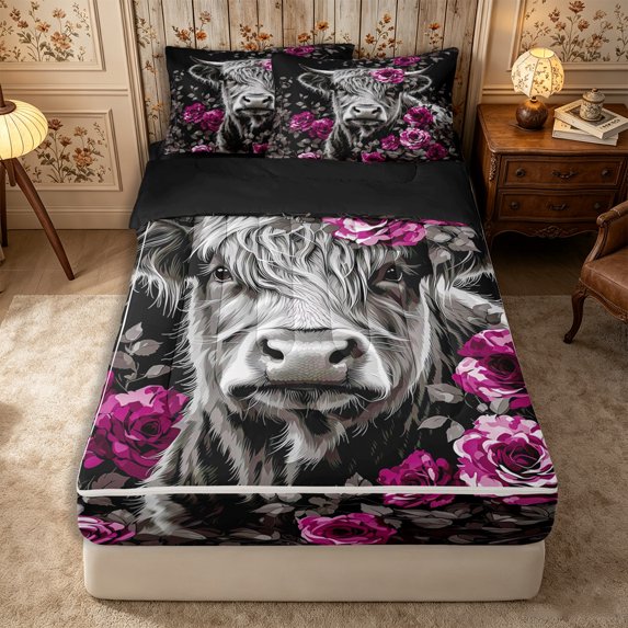 Manfei Animal Highland Cow Zipper Queen Comforter Set with Fitted Sheet and 2 Pillowcases,Vintage Watercolor Flowers Zipper Bedding Set,Pink Gray,Reversible