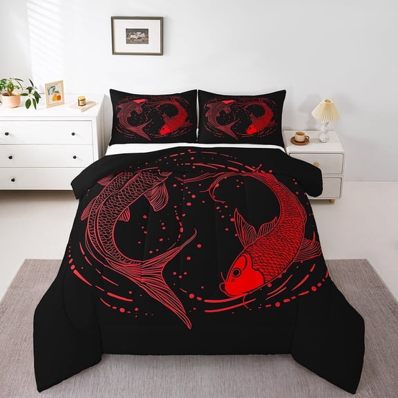 Manfei Animal Koi 3 Pieces Queen Comforter Set,Japanese Style Ultra Soft Bedding Sets,Cherry Blossom Bedding Comforter Set,Luxury Teenager Bedroom Decor,Reversible