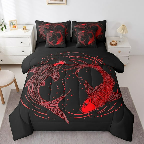 Manfei Animal Koi 7-Piece Bedding Comforter Set,Japanese Style King Bedding Sets,Cherry Blossom Ultra Soft Bed Sheets,Luxury Teenager Bedroom Decor,Reversible