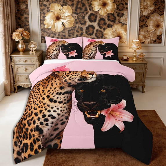 Manfei Animal Leopard Full Size Comforter Sets 3-Piece,Tropical Flowers Bedding Comforter Set,1 Comforter and 2 Pillowcases,Reversible