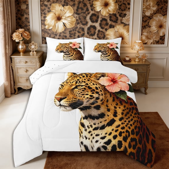 Manfei Animal Leopard King Size Comforter Sets 3pcs,Tropical Hibiscus FlowerComforters King Size,1 Comforter and 2 Pillowcases,Reversible