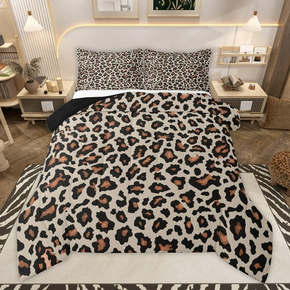 Manfei Animal Leopard Print 2pcs Bedding Comforter Set for Female Men,Black Brown Twin Comforter Sets,Cheetah Print Breathable Bedding Set,Breathable Home Decor,Reversible