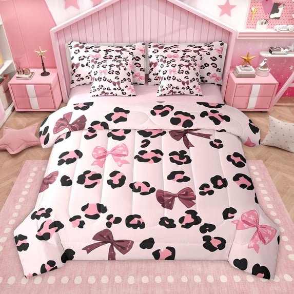 Manfei Animal Leopard Print 7-Piece Twin Bedding Sets for Female Men Teens,Kawaii Bow Knot Bedding Comforter Set,Dreamy Princess Breathable Sheet Sets,Breathable Home Decor,Reversible