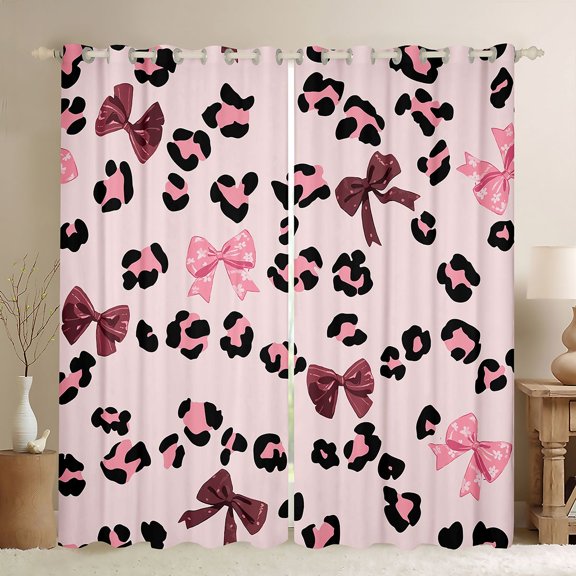 Manfei Animal Leopard Print Black Out Curtains for Female Men Teens,Kawaii Bow Knot Curtains Pack of 2 (42x63 Each),Dreamy Princess Bedroom Curtains,Breathable Home Decor