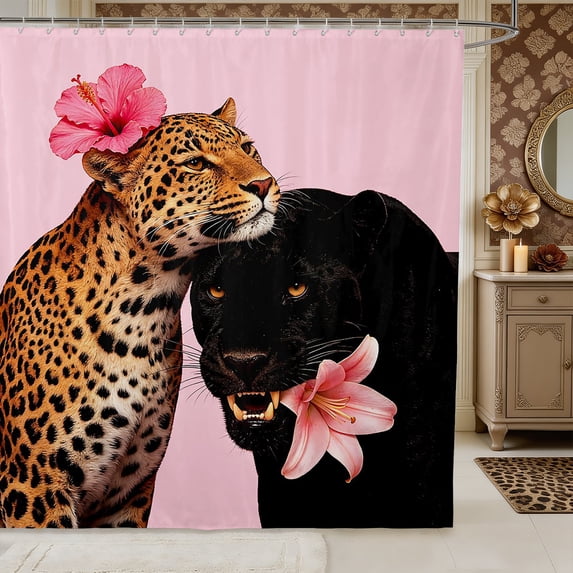 Manfei Animal Leopard Shower Curtain 72Wx72L,Tropical Flowers Bathroom Curtain