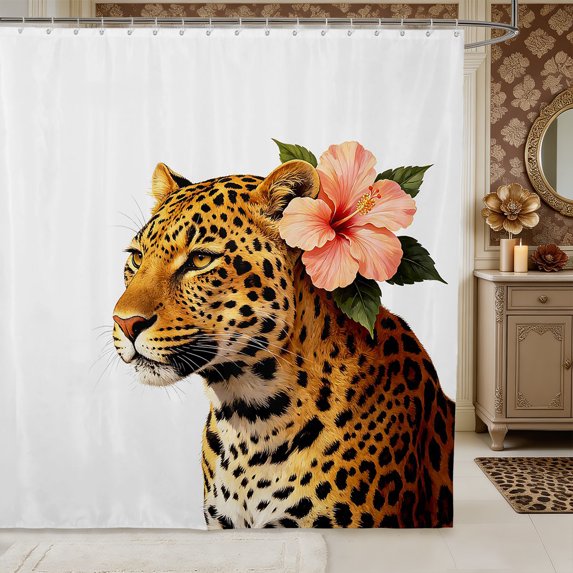Manfei Animal Leopard Shower Curtain 72Wx84L,Tropical Hibiscus FlowerBathroom Shower Curtain