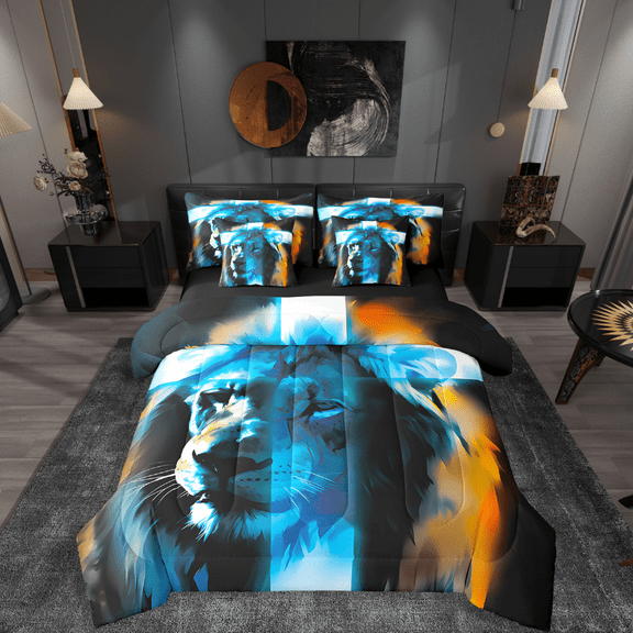 Manfei Animal Lion 7-Piece Twin Bedding Sets,Christian Cross Bedding Comforter Set,Jungle Wildlife Breathable Sheet Sets,Ultra Soft Abstract Room Decor,Reversible