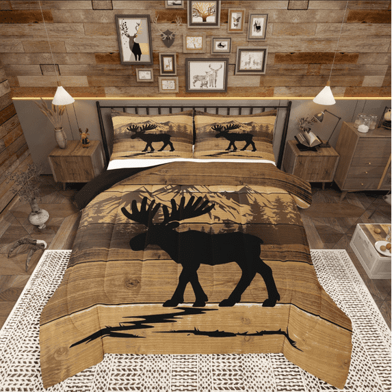 Manfei Animal Moose 2pcs Bedding Comforter Set,Jungle Animal Twin Comforter Sets,Woodland Wildlife Bedding Set,Microfiber Lodge Bedroom Decorative,Reversible