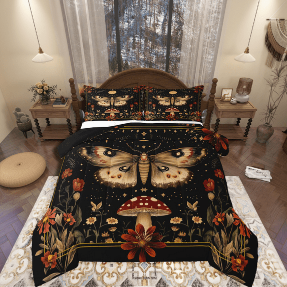Manfei Animal Moth 2pcs Bedding Comforter Set,Floral Mushroom Twin Comforter Sets,Bohemian Theme Breathable Bedding Set,Lightweight Flower Room Decor,Reversible