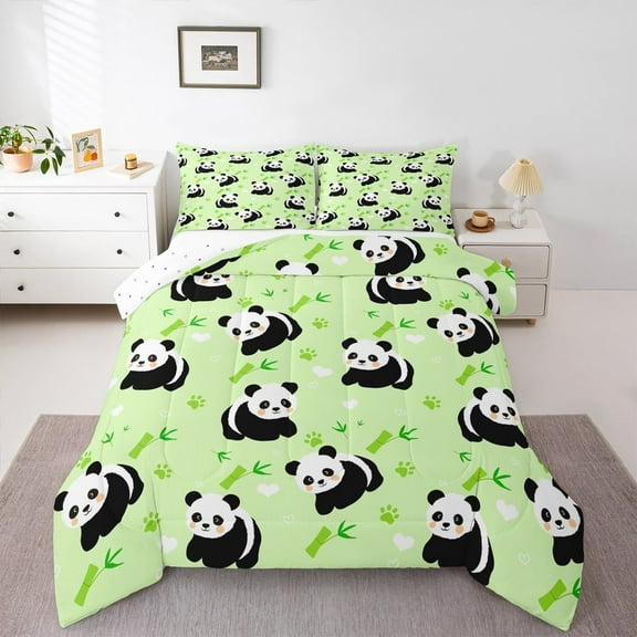Manfei Animal Panda 3-Piece Full Size Comforter Sets,Botanical Plants Bedding Comforter Set,Cartoon Wildlife Lightweight Bedding Sets,Luxury Kids Bedroom Decor,Reversible