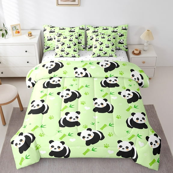 Manfei Animal Panda 7-Piece Twin Bedding Sets,Botanical Plants Bedding Comforter Set,Cartoon Wildlife Breathable Sheet Sets,Luxury Kids Bedroom Decor,Reversible