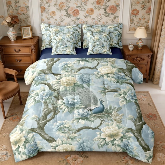 Manfei Animal Peacock Full Size Bedding Sets 7 Pieces,Watercolor Flowers Full Size Bed in a Bag,Reversible