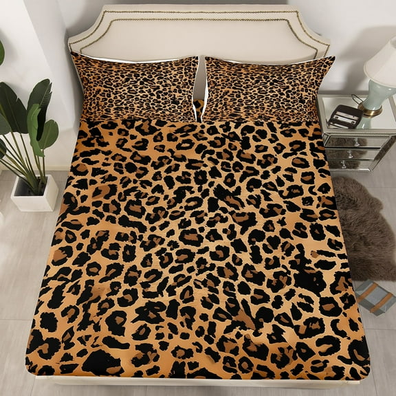 Manfei Animal Print 3pcs Twin Sheet Sets,Cheetah Print Twin Fitted Sheet,Abstract Wildlife Breathable Flat Sheet,Leopard Room Decoration