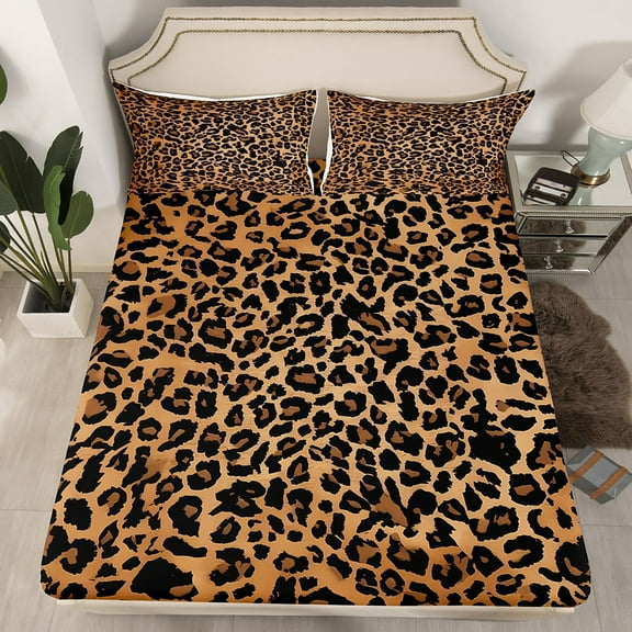 Manfei Animal Print 4 Pieces Queen Sheet Sets,Cheetah Print Ultra Soft Flat Sheet,Abstract Wildlife Queen Fitted Sheet,Leopard Room Decoration