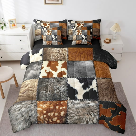 Manfei Animal Print 7 Pieces Bedding Comforter Set,Geometric Plaid Full Bedding Set Lightweight,Abstract Patchwork Fitted Sheet Flat Sheet,Super Cozy Wildlife Bedroom Decorative,Reversible