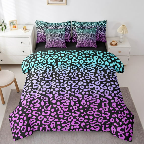 Manfei Animal Print 7pcs Bedding Comforter Set,Gradient Ombre Queen Bedding Sets Super Cozy,Wildlife Leopard Queen Sheet Sets,Lightweight Abstract Room Decoration,Reversible