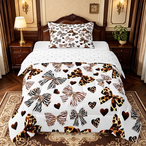 Manfei Animal Print Bowknot Twin Comforter Sets,Brown Leopard Pattern Bow Bedding Set,Reversible,2-Piece,1 Comforter and 1 Pillowcase