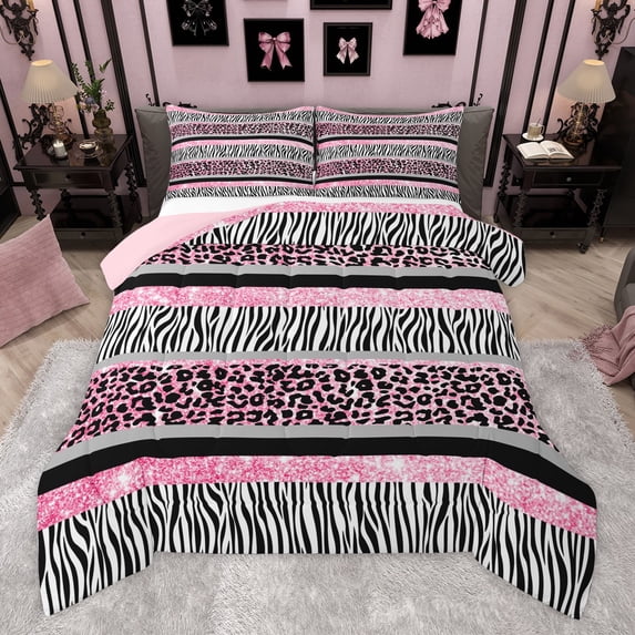 Manfei Animal Print Patchwork 3-Piece Full Size Comforter Sets for Teens Boys Girls,Animal Leopard Zebra Bedding Comforter Set,Bling Glitter Lightweight Bedding Sets,Luxury Bedroom Decor