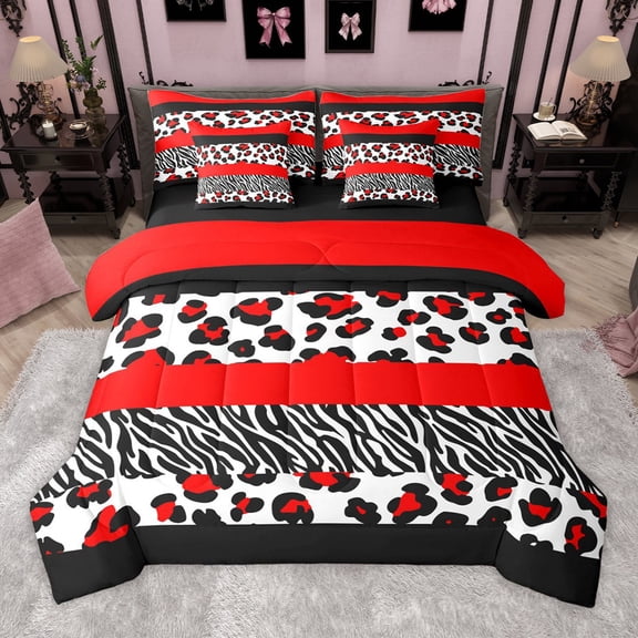 Manfei Animal Print Patchwork 7-Piece Bedding Comforter Set for Teens Boys Girls,Animal Leopard Zebra King Bedding Sets,Geometric Stripes Ultra Soft Bed Sheets,Luxury Bedroom Decor,Reversible